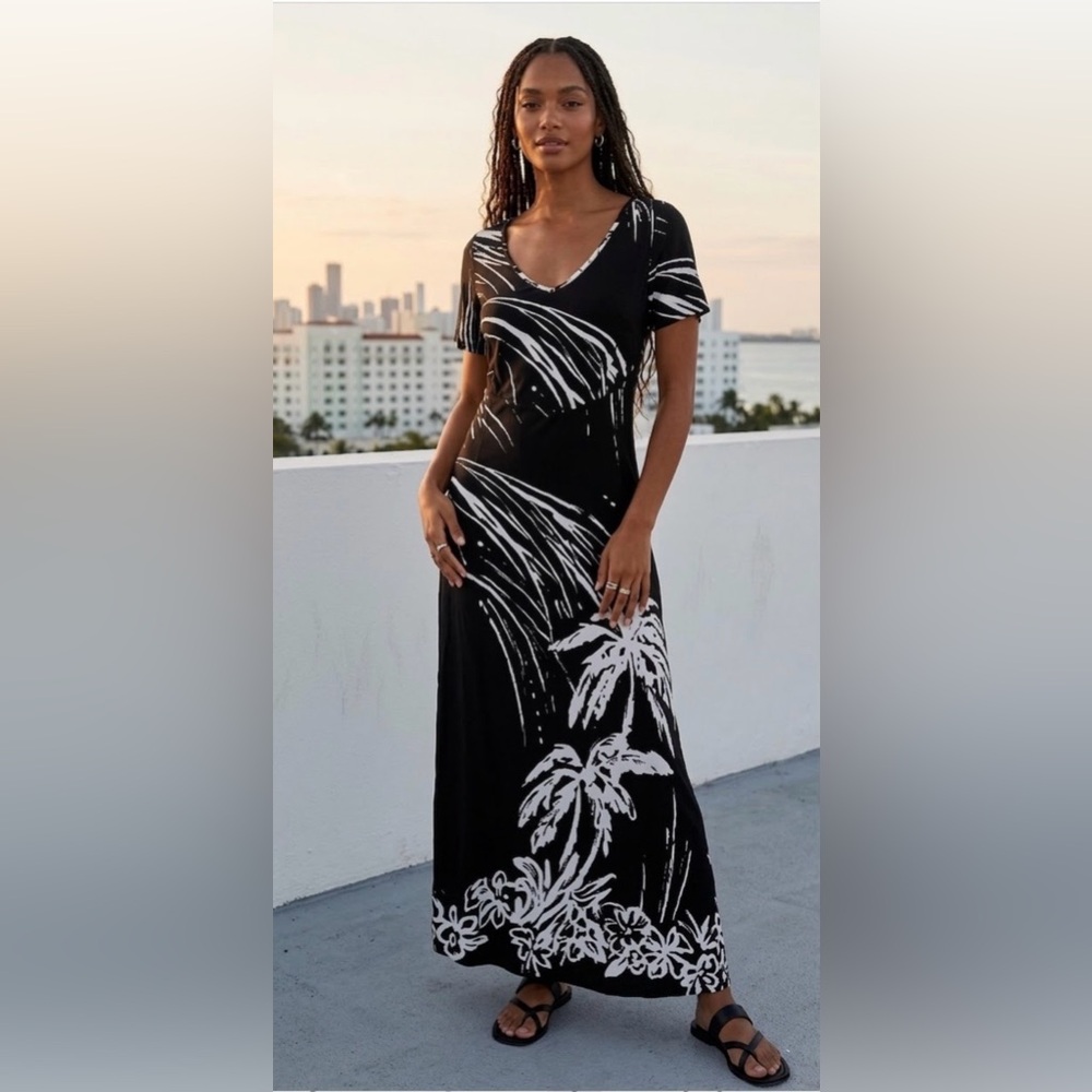 Vintage Jams World Bay Breeze Tropical Black and White V-Neck Maxi Dress XS USA